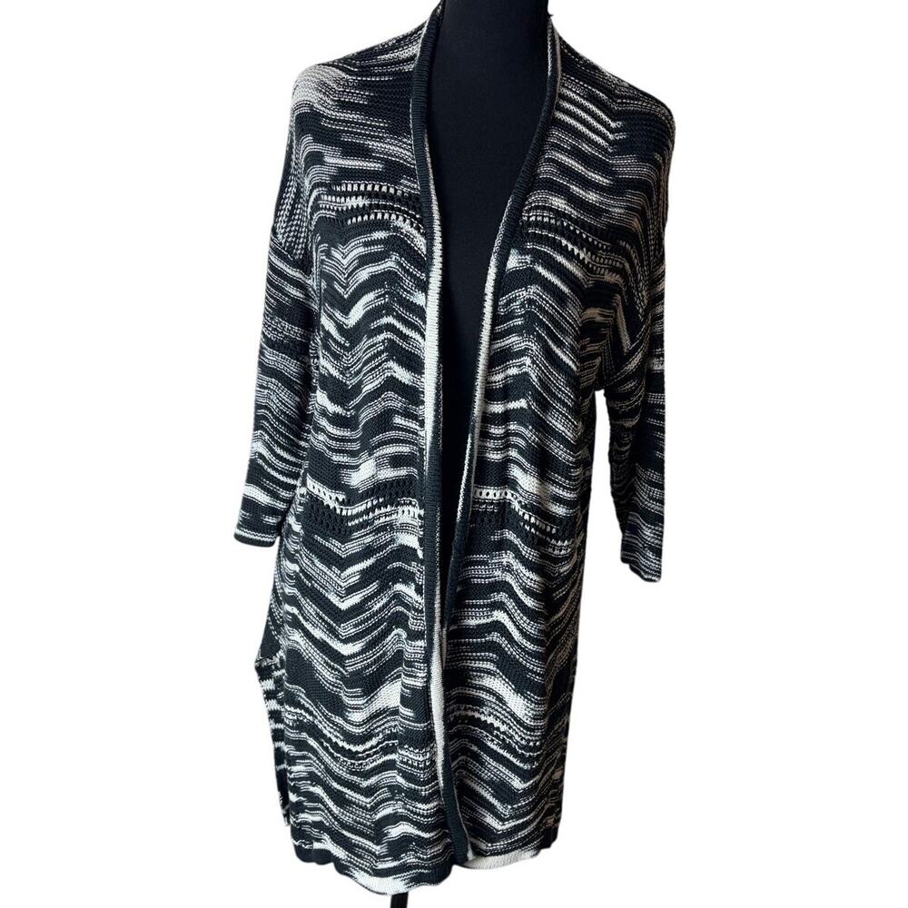 H by Halston Black and‎ White Open Knit Cardigan Duster Medium Chevron Boho